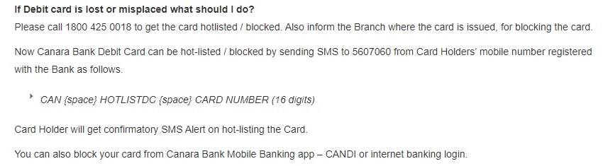 Canara Bank ATM Block By SMS