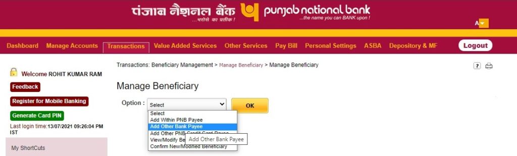 Other Bank Beneficiary Add PNB