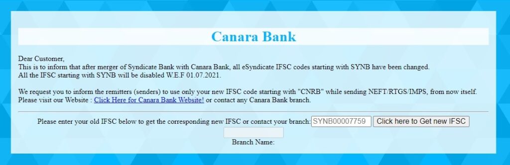 नए IFSC कोड सिंडिकेट बैंक के कनारा बैंक के साथ Merge के बाद