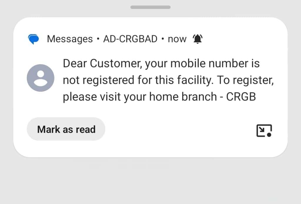 CRGB Account Balance SMS