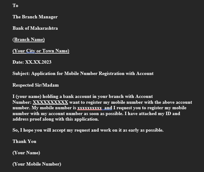 BOM Mobile Number Update Application Letter