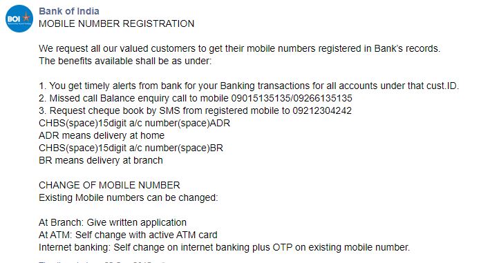 Bank of India Mobile Number Registration