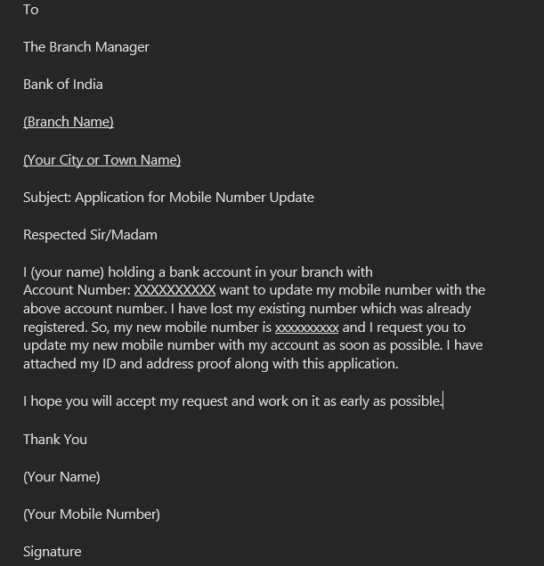 Bank of India Mobile Number Update Application