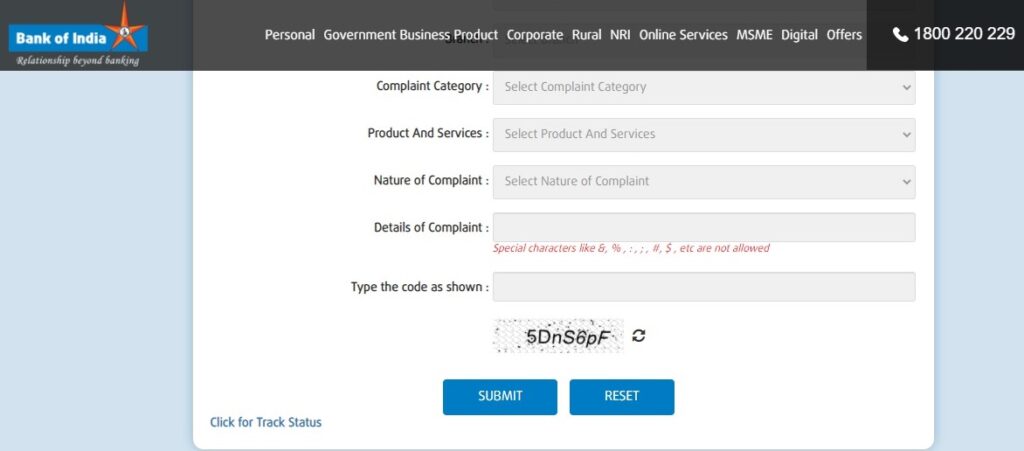 Bank of India Online Complaint