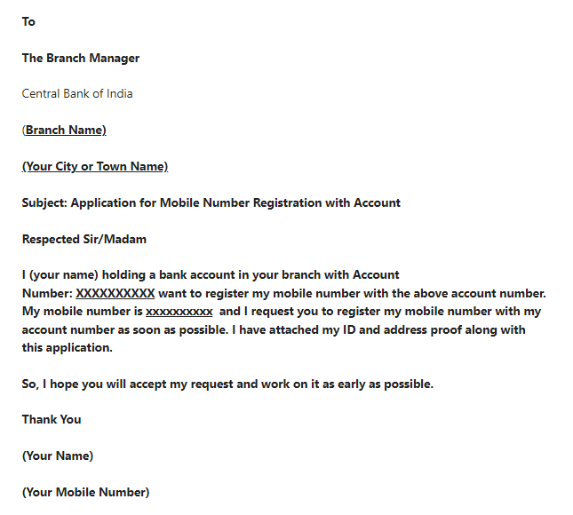 Central Bank of India Mobile Number Register Application Letter English