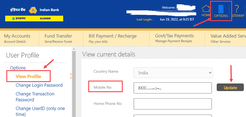 Indian Bank में ऑनलाइन मोबाइल नंबर अपडेट करे