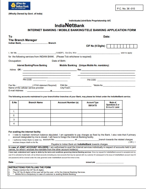 Indian Bank Mobile Banking Application Form