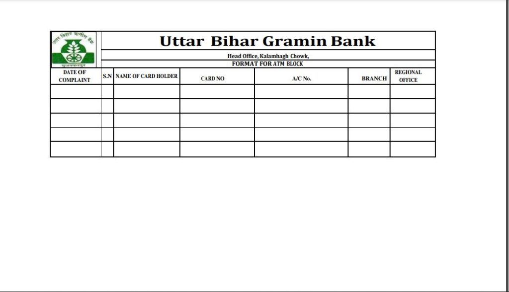 Uttar Bihar Gramin Bank ATM Block Form