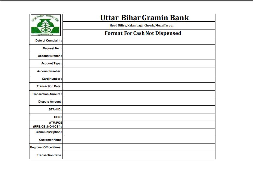 Uttar Bihar Gramin Bank Cash Not Dispensed