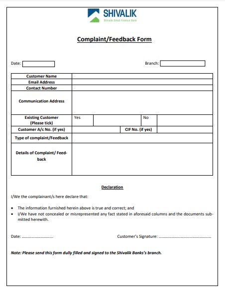 Shivalik Small Finance Bank Complaint Form