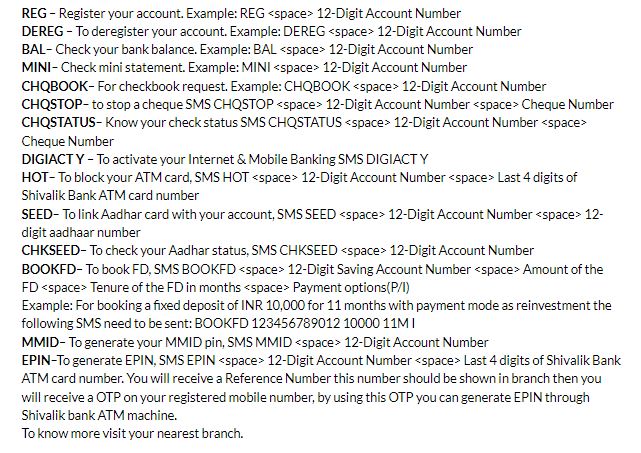 Shivalik Small Finance Bank SMS Banking Format