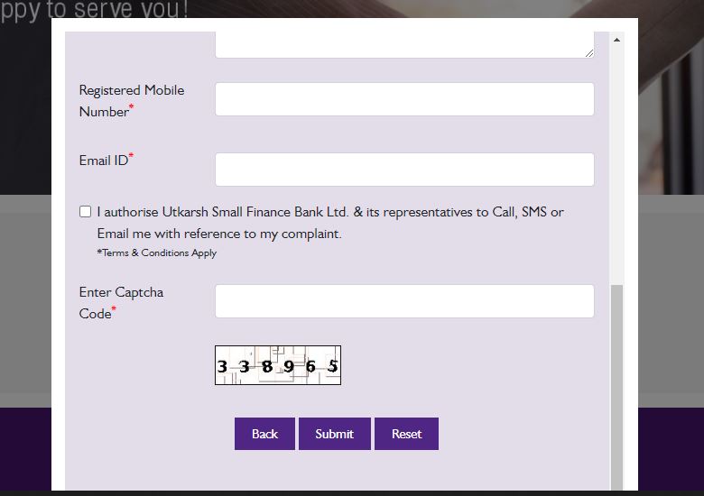 Utkarsh Small Finance Bank Complaint Form