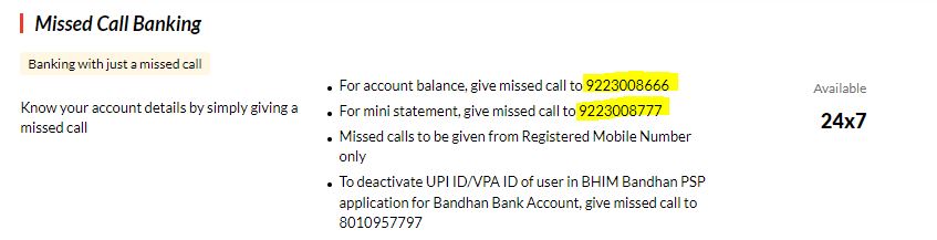 Bandhan Bank Missed Call Number