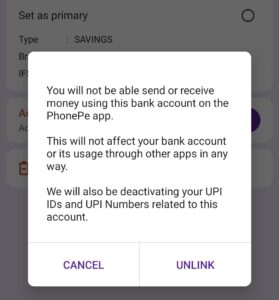 Unlink Bank Account from PhonePe