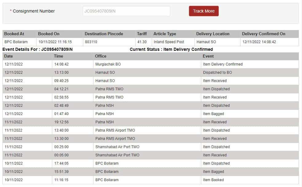 Speed Post Tracking Details