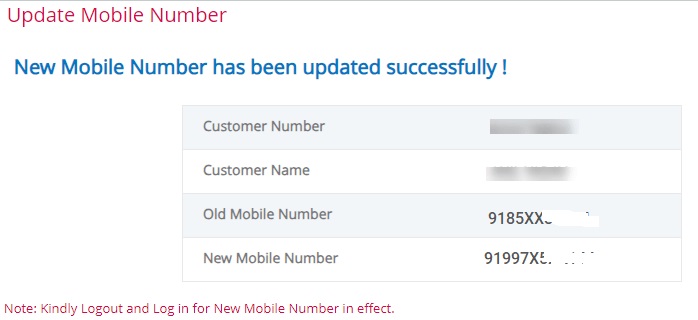 New Mobile Number Link Success Message