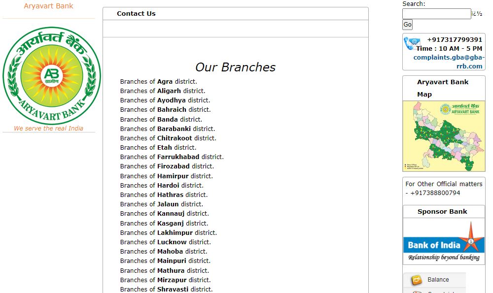 Aryavart Bank Branch List With Contact Numbers