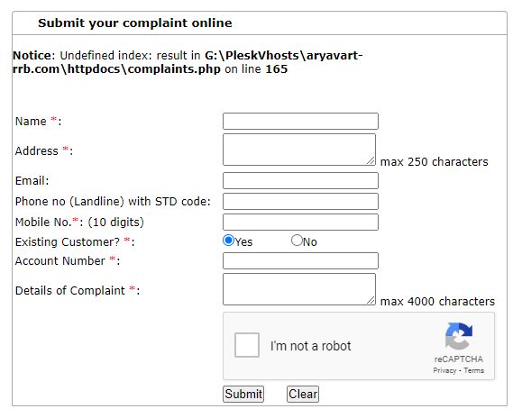 Aryavart Bnak Online Complaint Form