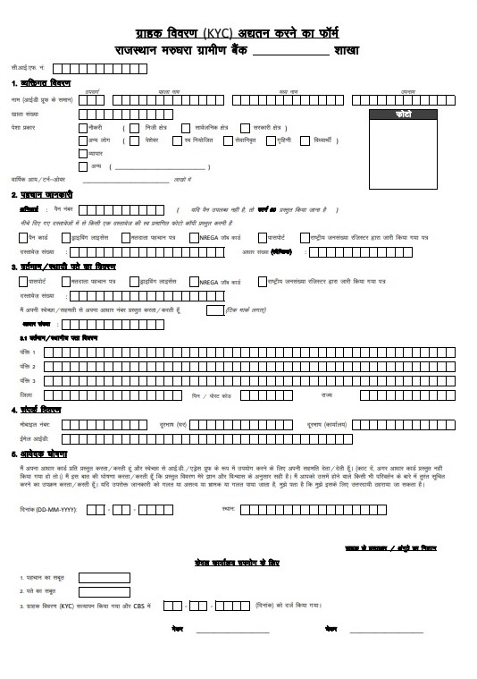 राजस्थान मरुधरा ग्रामीण बैंक KYC फॉर्म डाउनलोड