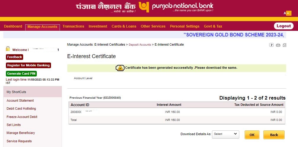 Punjab National Bank E-Interest Certificate Download PDF