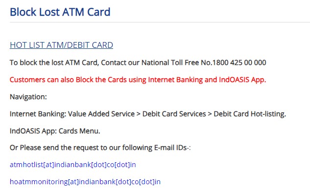 Indian Bank एटीएम कार्ड ब्लॉक