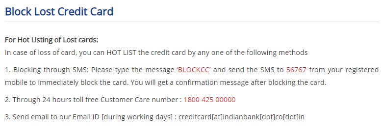 Indian Bank Credit Card Block